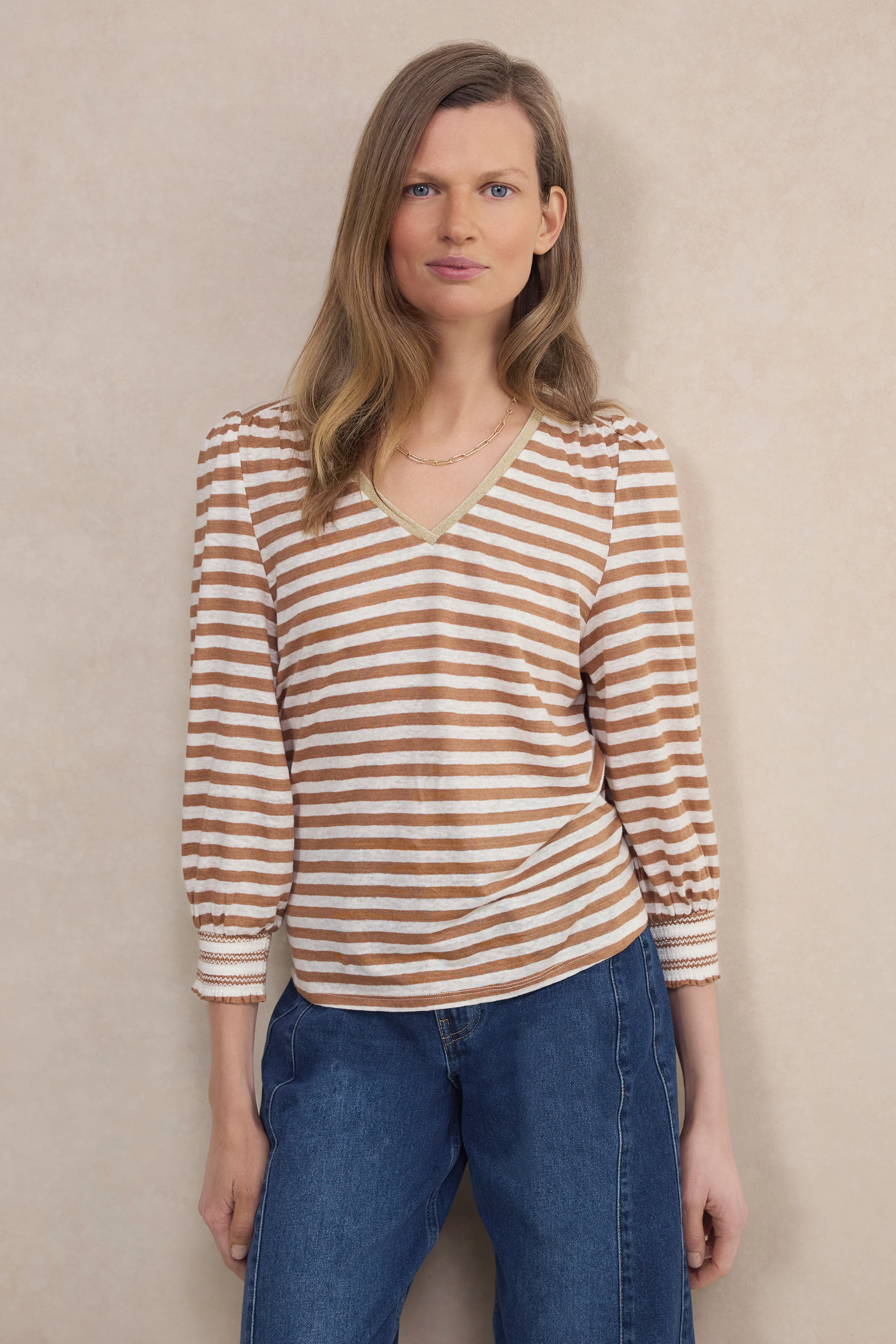 Lily Linen 3/4 V-Neck Top - Brown/Ivory Stripe - Image 4