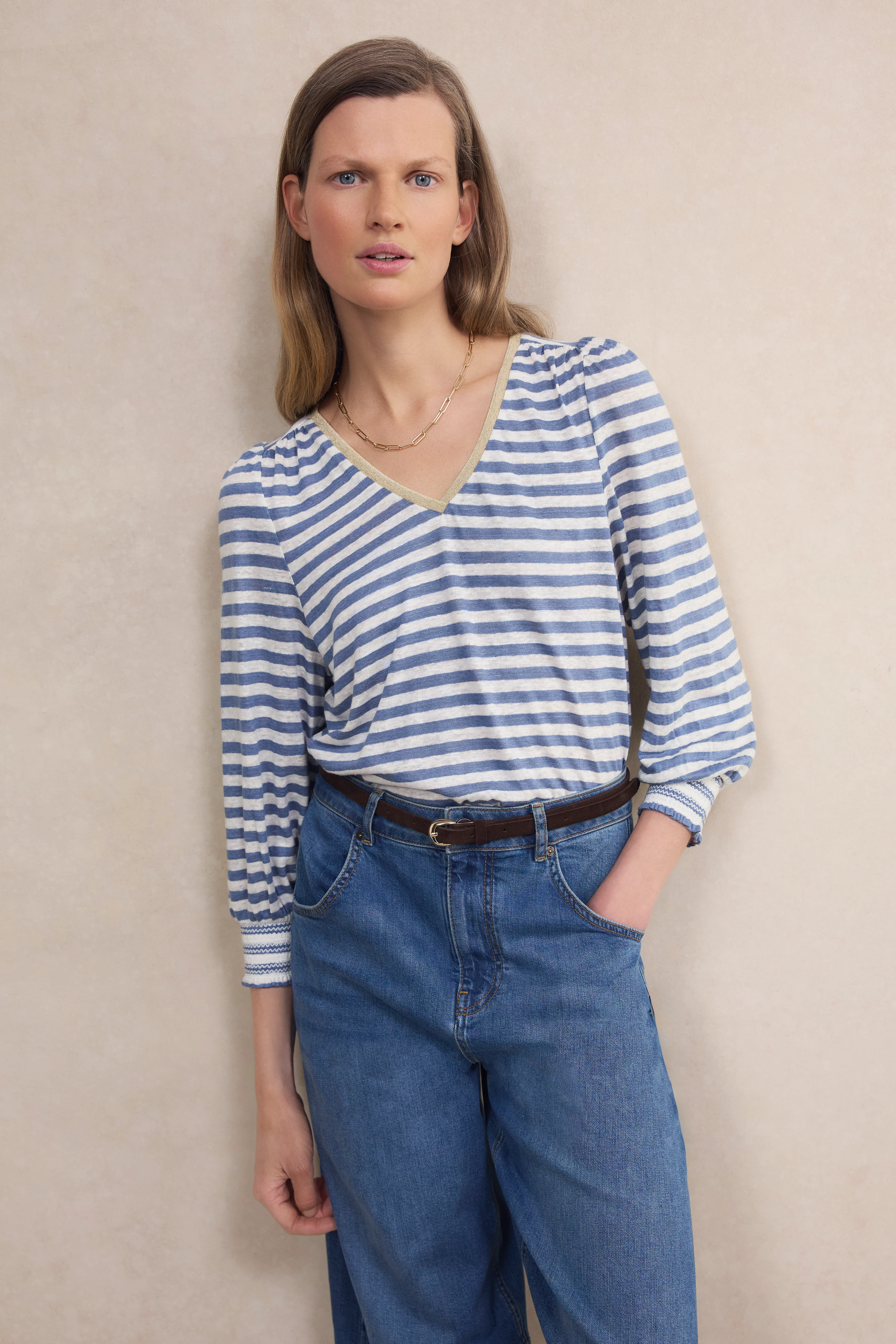 Lily Linen 3/4 V-Neck Top - Chambray Blue/Ivory Stripe