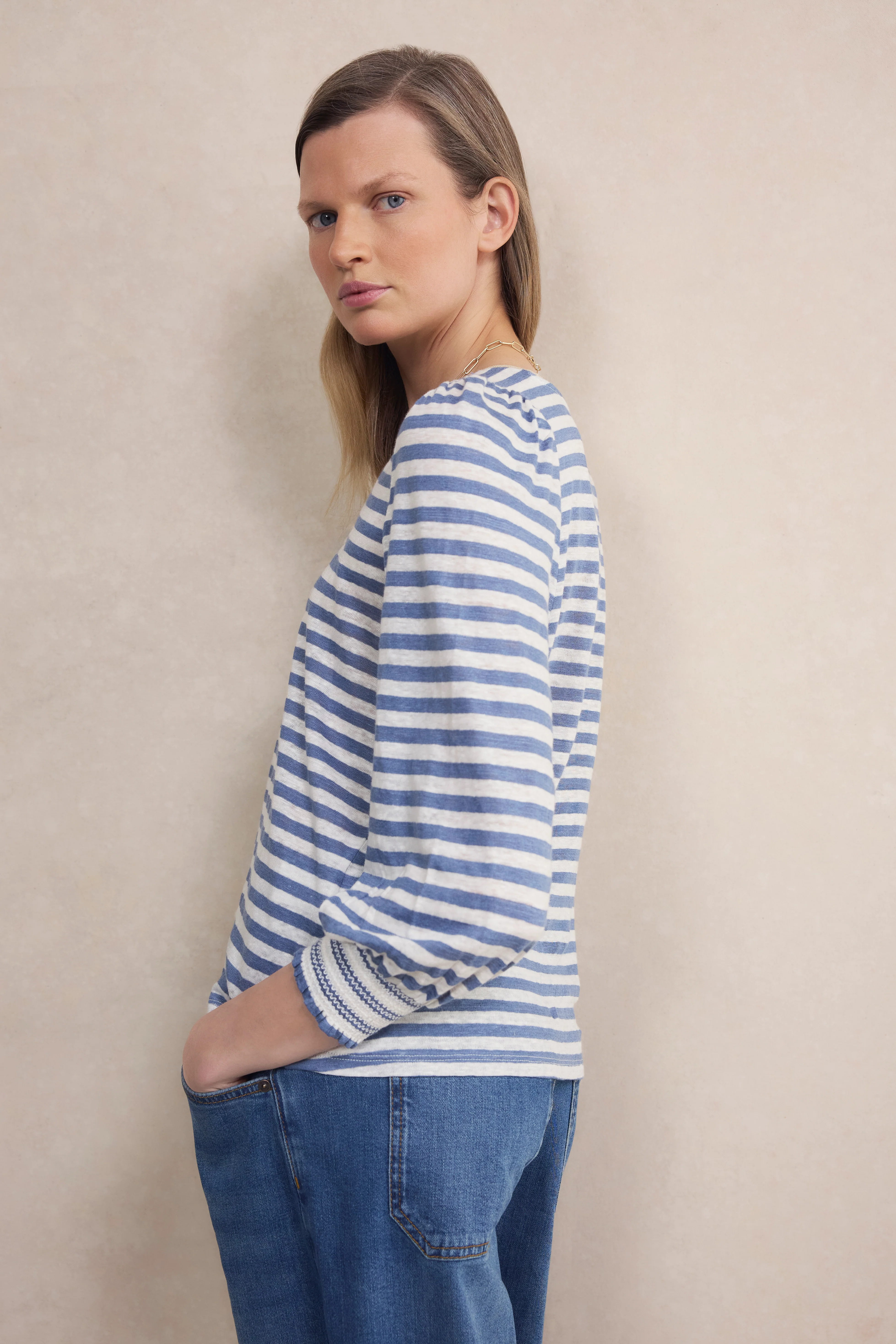 Lily Linen 3/4 V-Neck Top - Chambray Blue/Ivory Stripe - Image 3