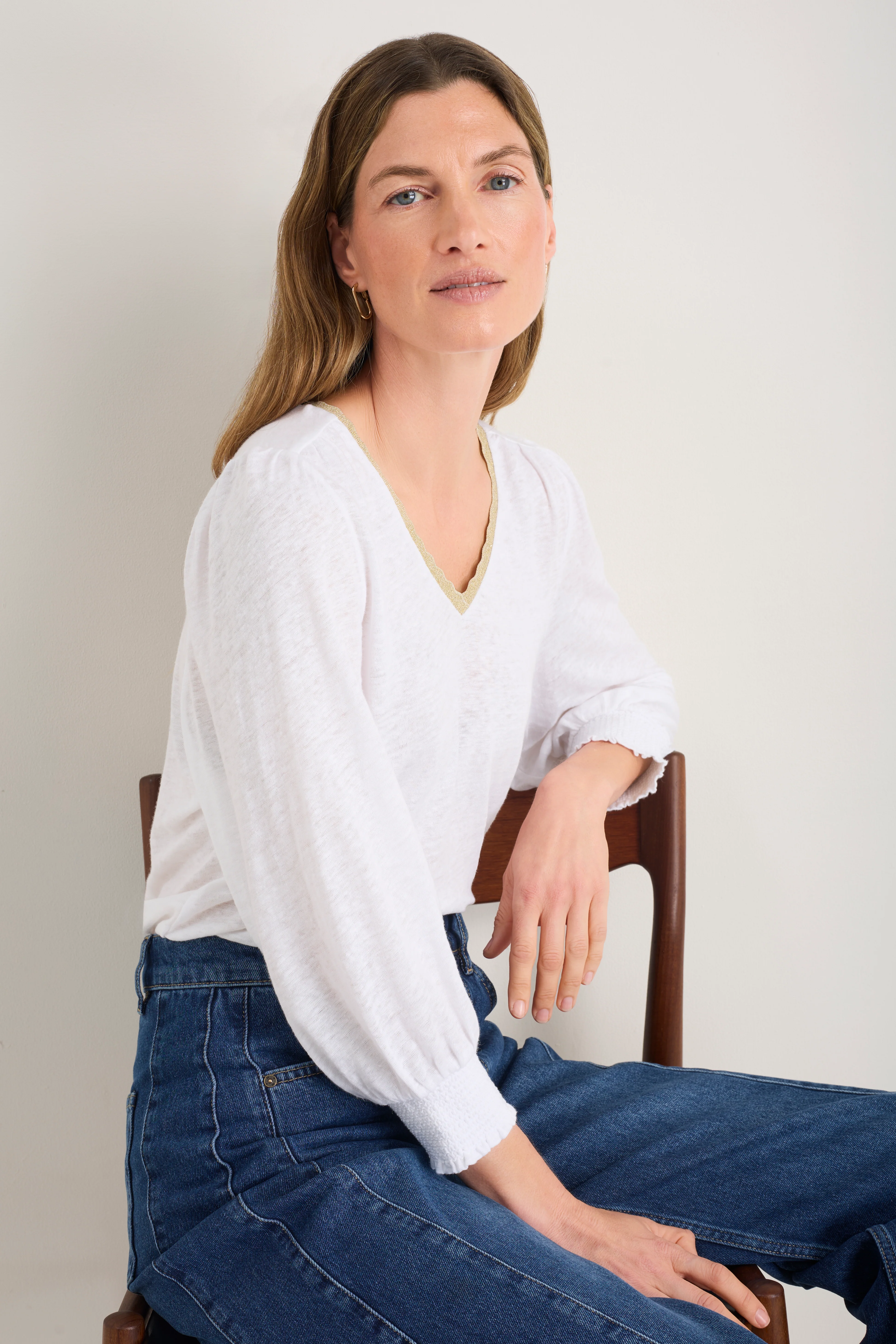 Lily Linen 3/4 V-Neck Top - White - Image 3