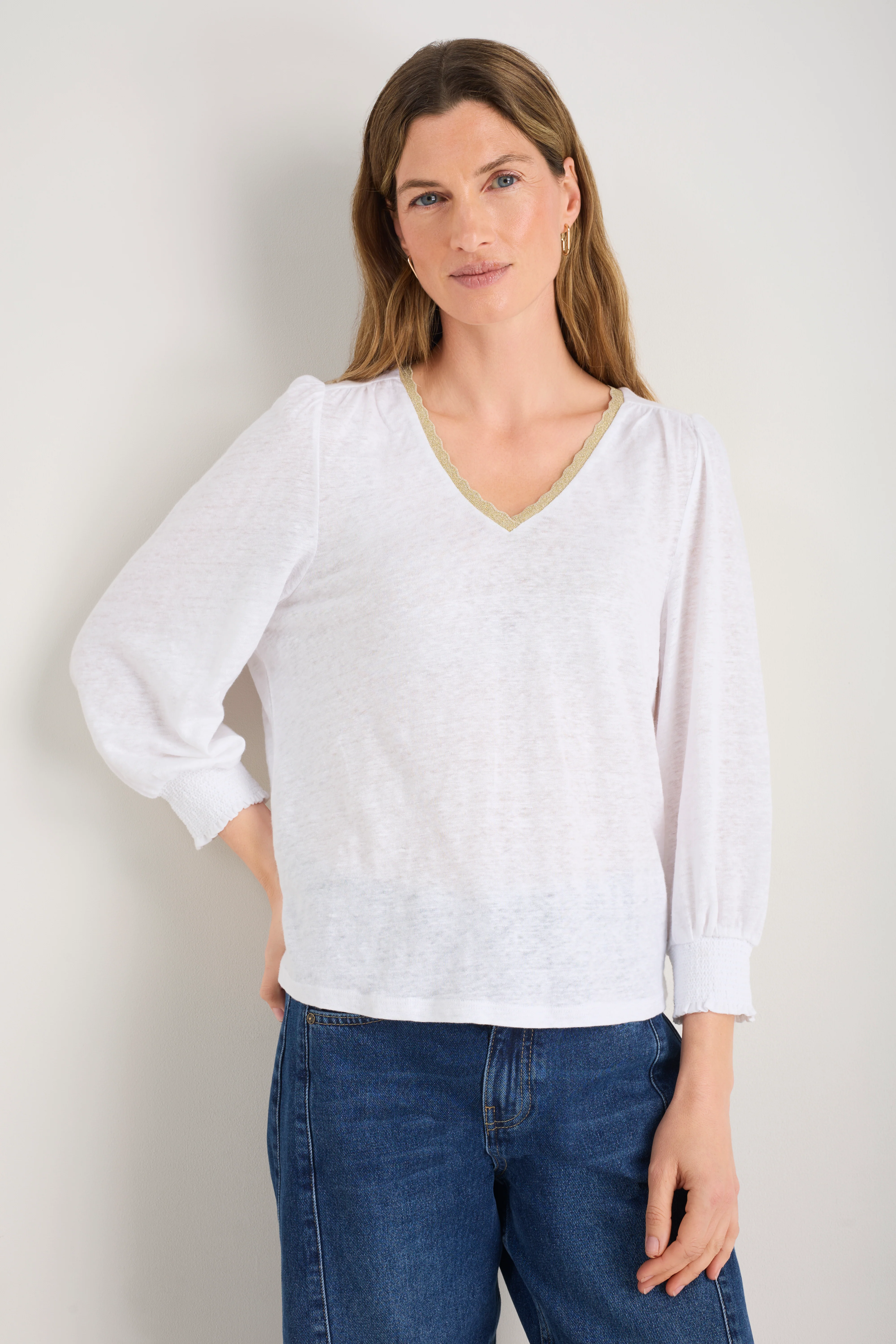 Lily Linen 3/4 V-Neck Top - White - Image 4
