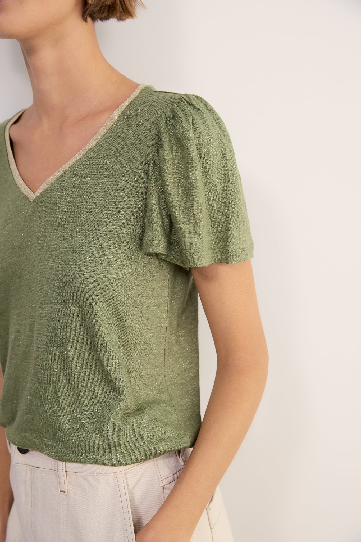 Lily Linen V-Neck Tee - Khaki Shimmer - Image 2