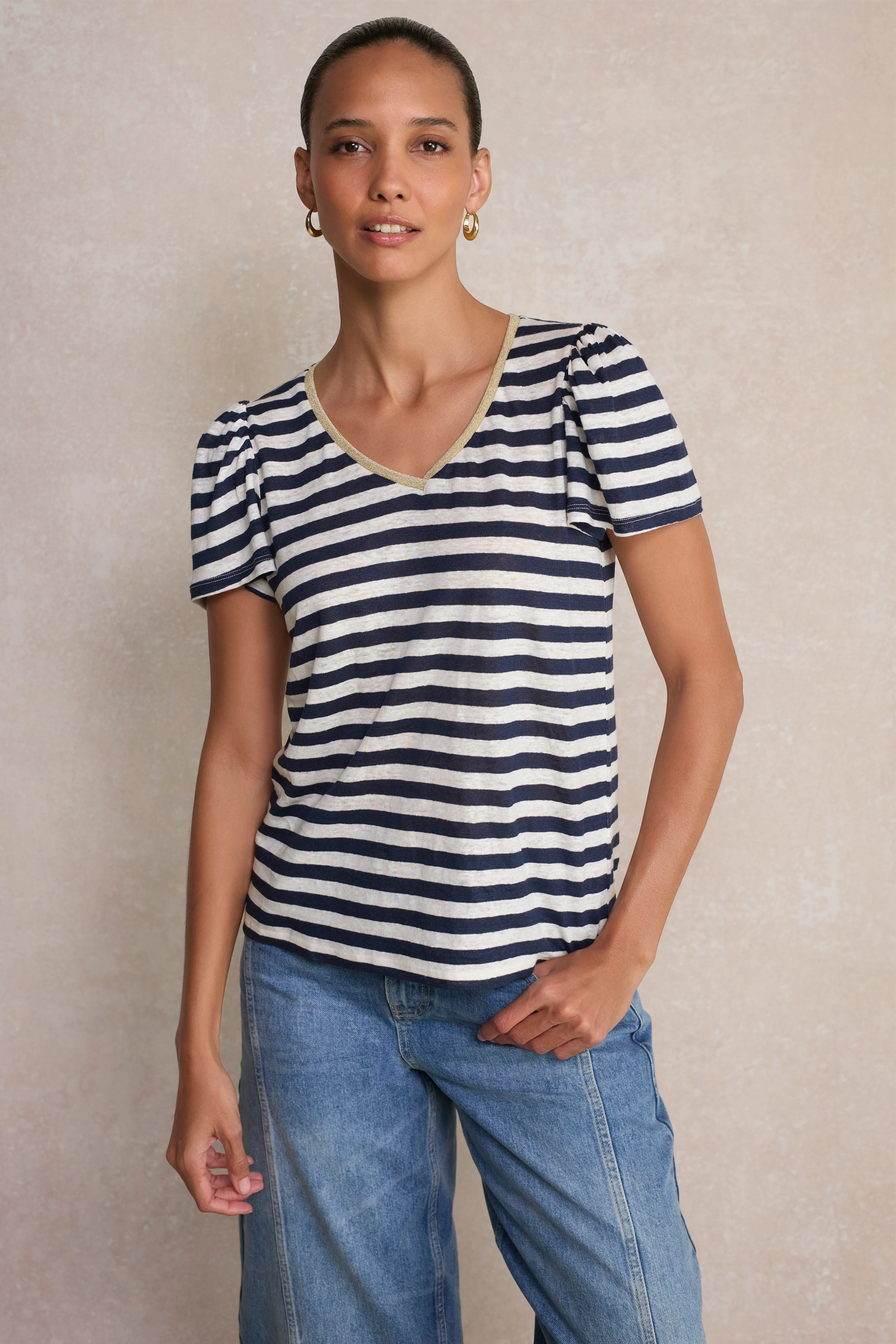 Lily Linen V-Neck Tee - Midnight/Ivory Stripe - Image 2