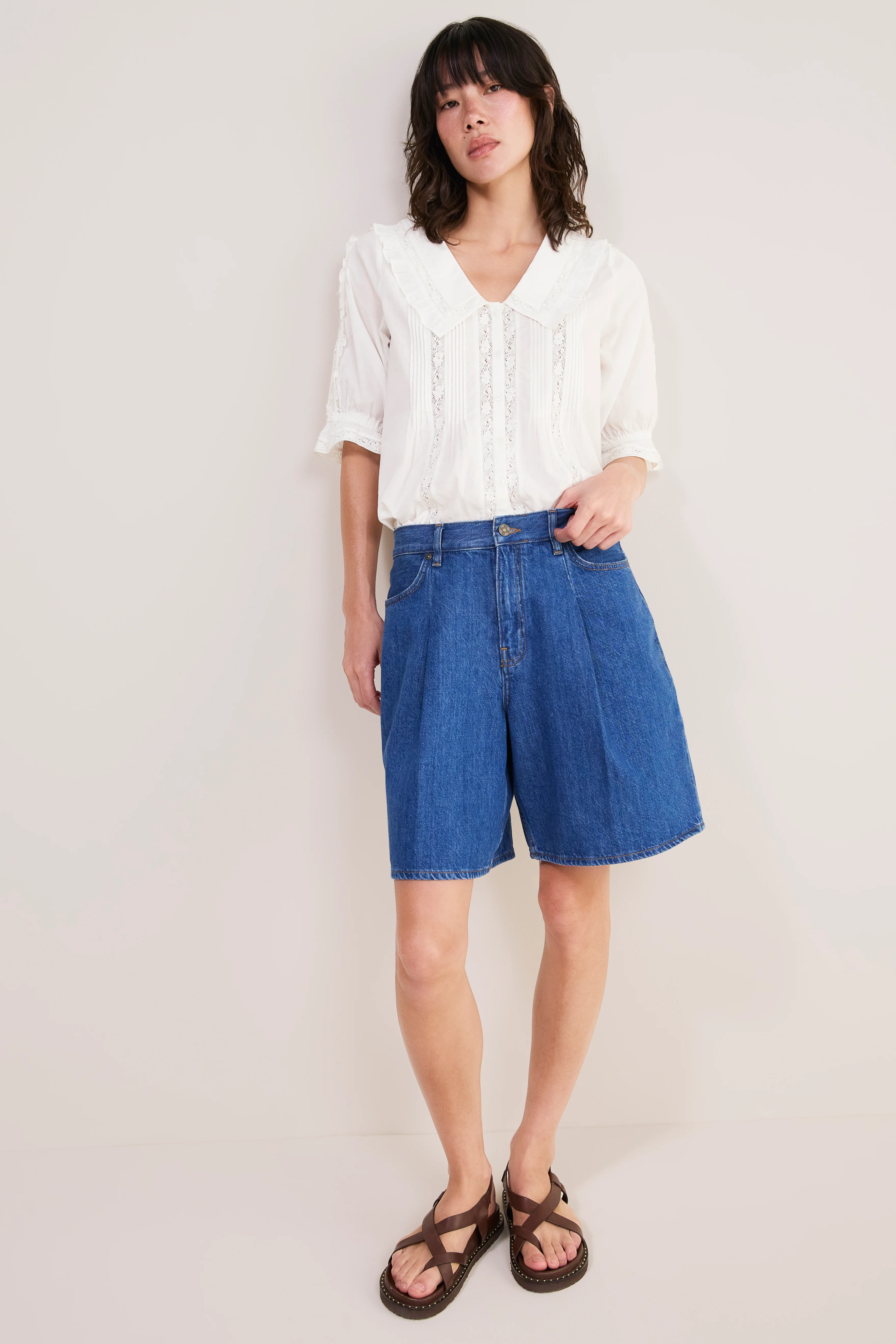 Lula Pleat Front Denim Long Short - Mid Wash - Image 3