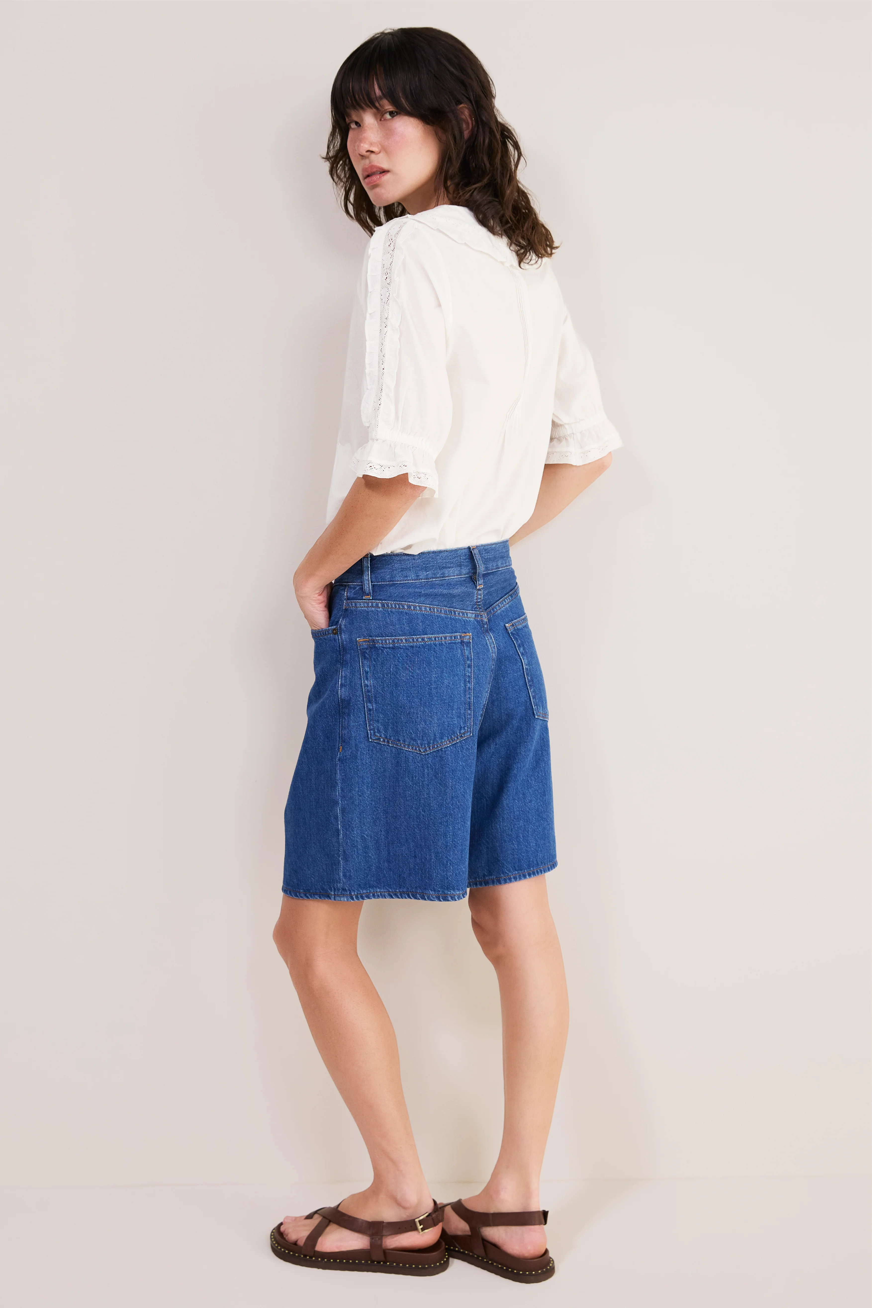 Lula Pleat Front Denim Long Short - Mid Wash - Image 4