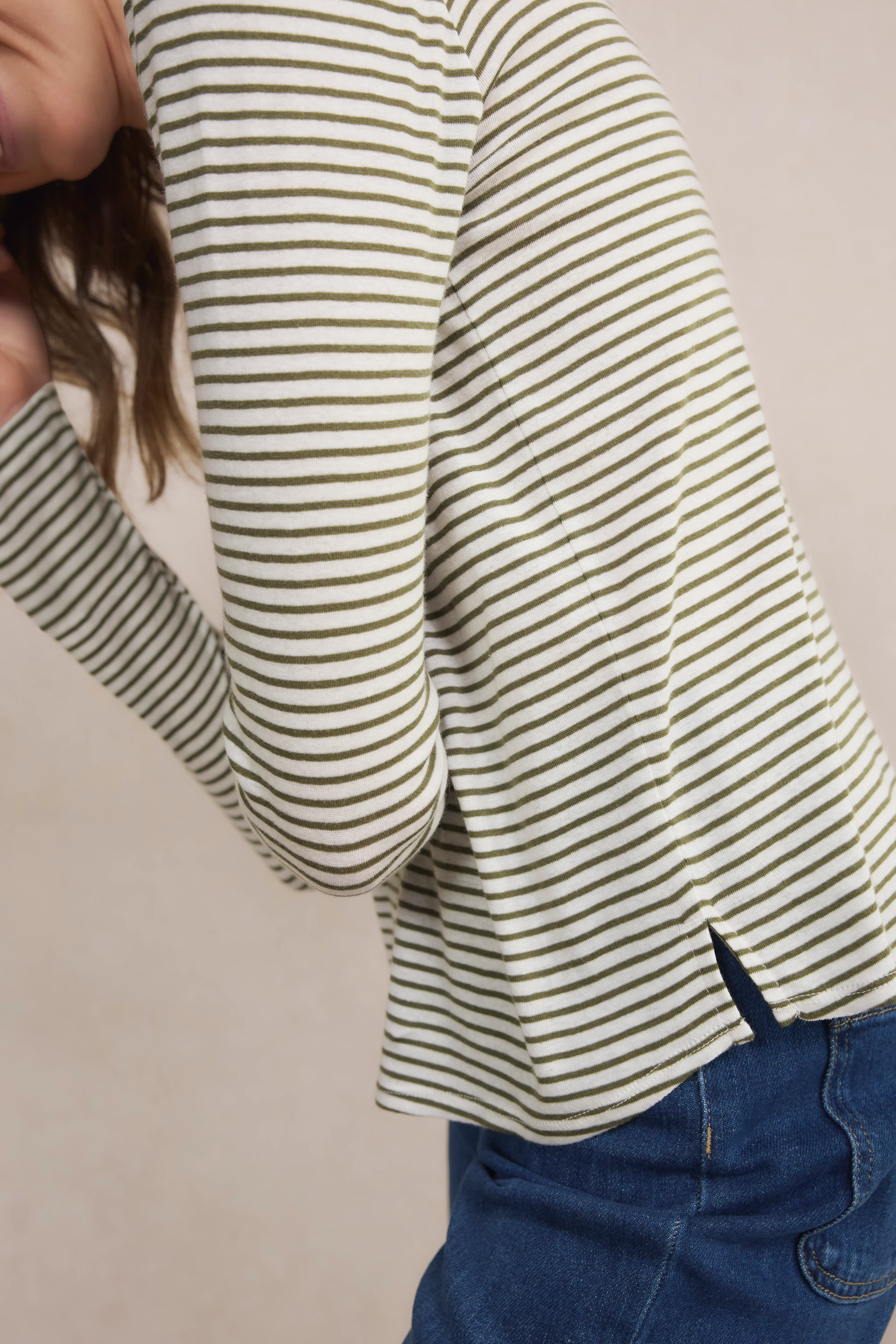 Madeleine Supersoft Jersey Top - Khaki/Ivory Stripe - Image 2