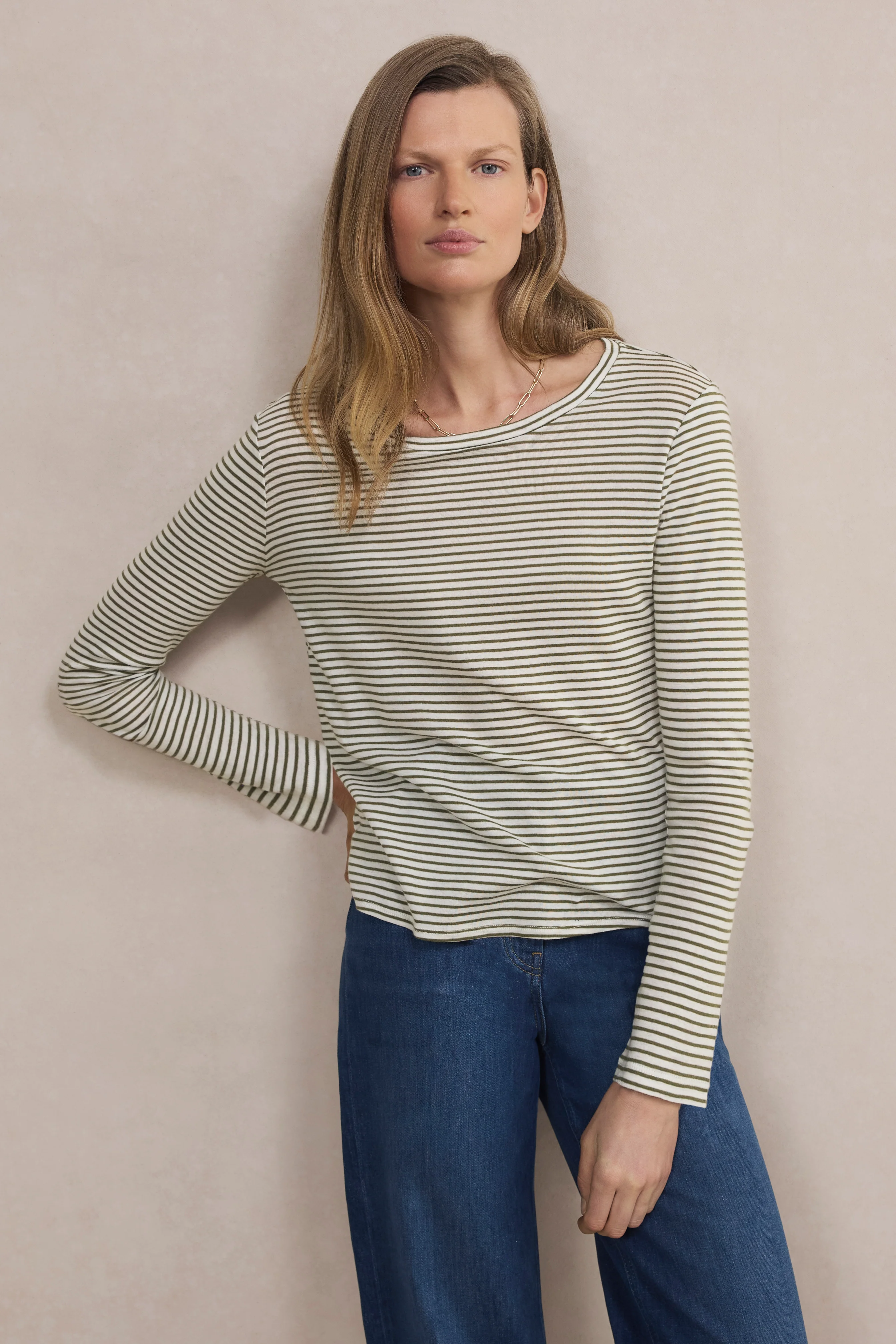 Madeleine Supersoft Jersey Top - Khaki/Ivory Stripe - Image 3