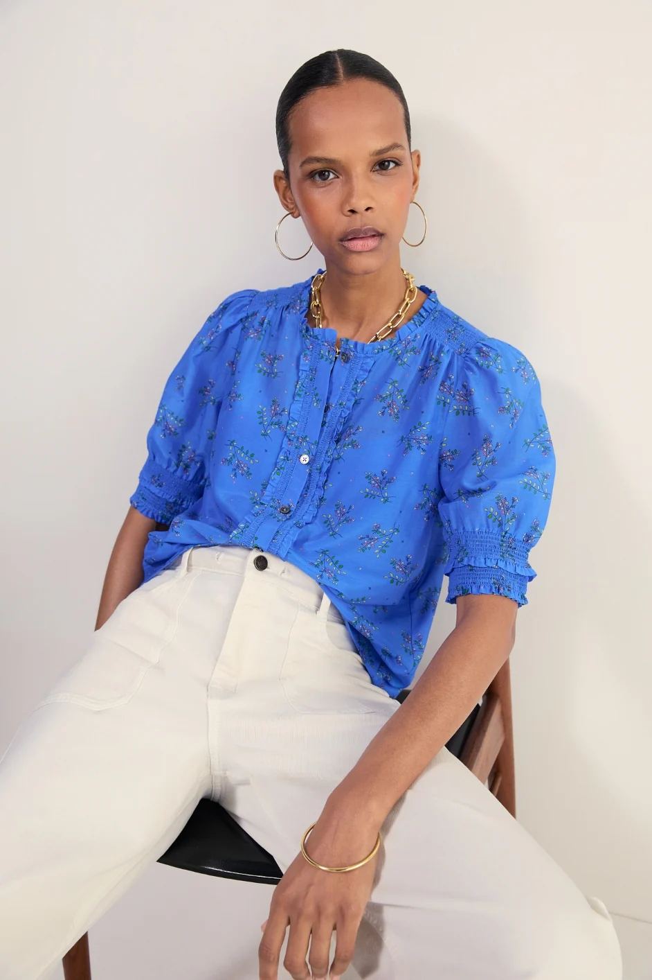 Maeve Silk Blend Top - Regatta Blue Whimsical Sprig