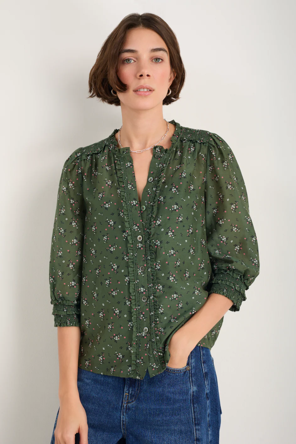 Maeve Silk Blend Blouse - Deep Olive Sprig Floral - Image 3