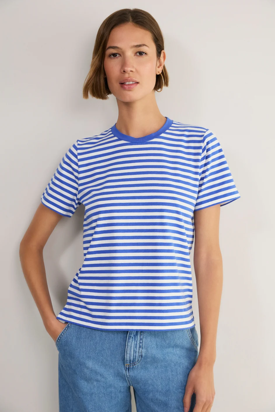 Marley Short Sleeve T-Shirt - Cobalt/Ivory Micro Stripe - Image 2