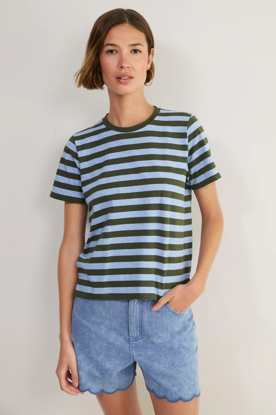 Marley Short Sleeve T-Shirt - Denim Blue/Olive Stripe - Image 2
