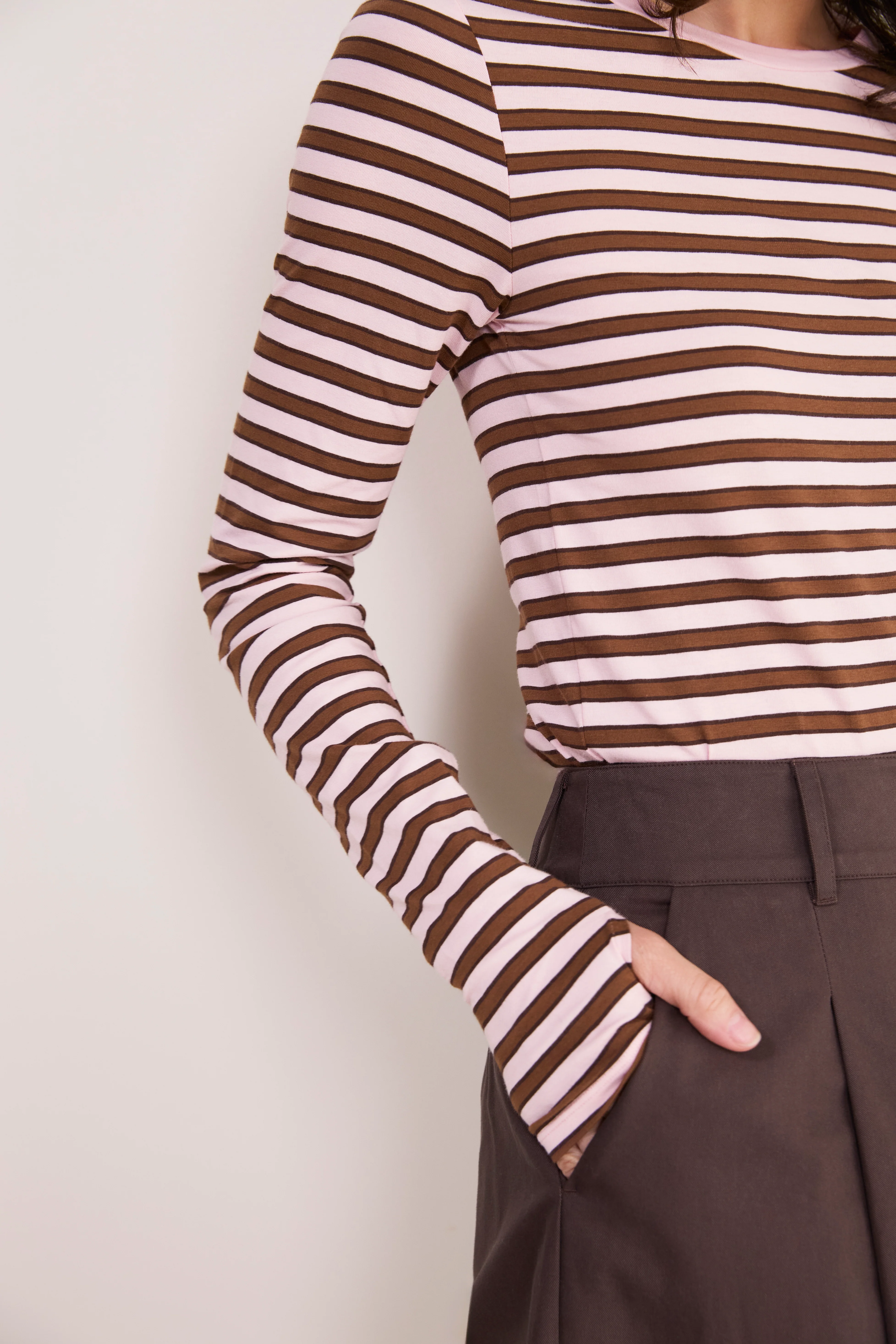 Marnie Long Sleeve Jersey Top - Blush Pink/Toffee Stripe - Image 2