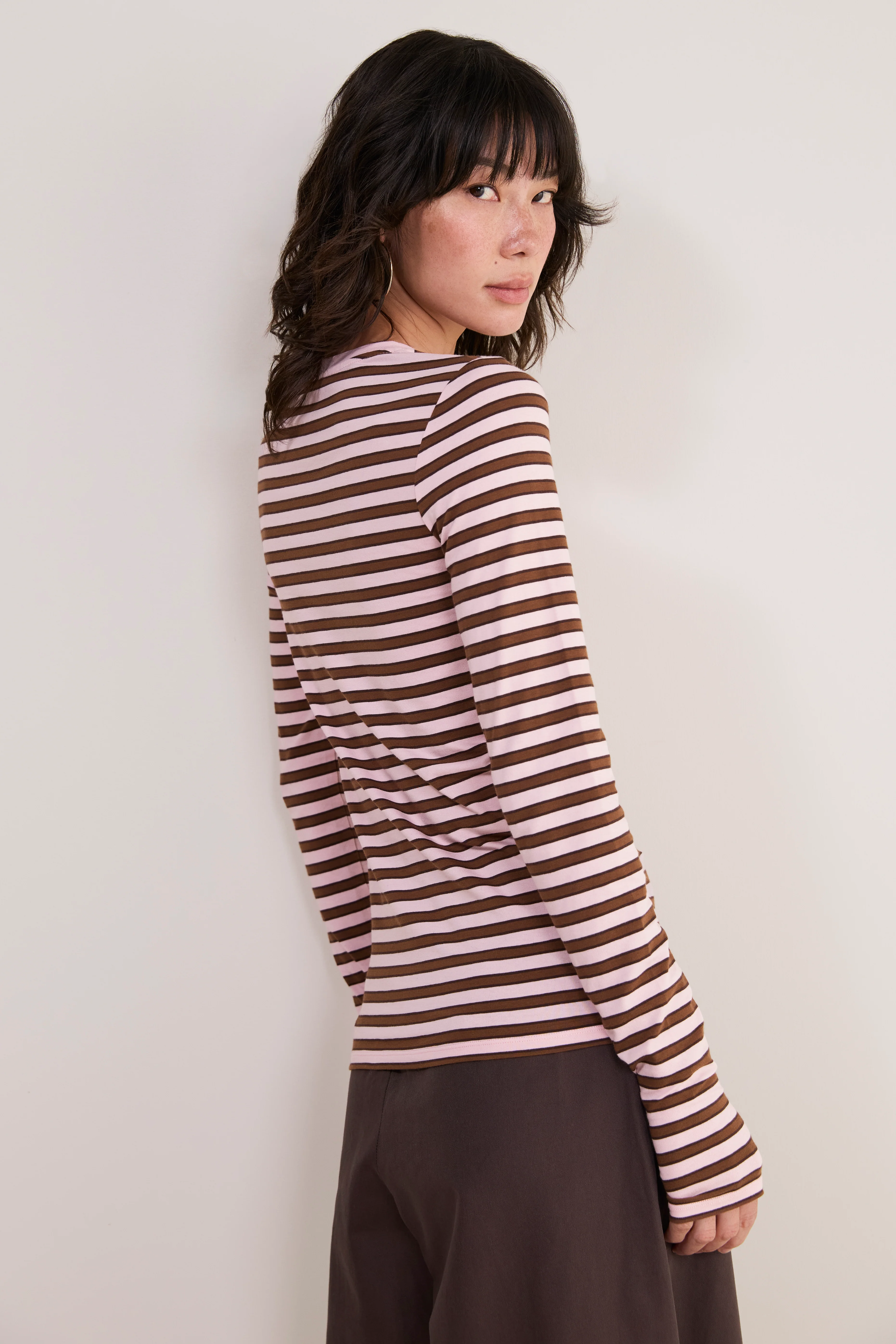 Marnie Long Sleeve Jersey Top - Blush Pink/Toffee Stripe - Image 3