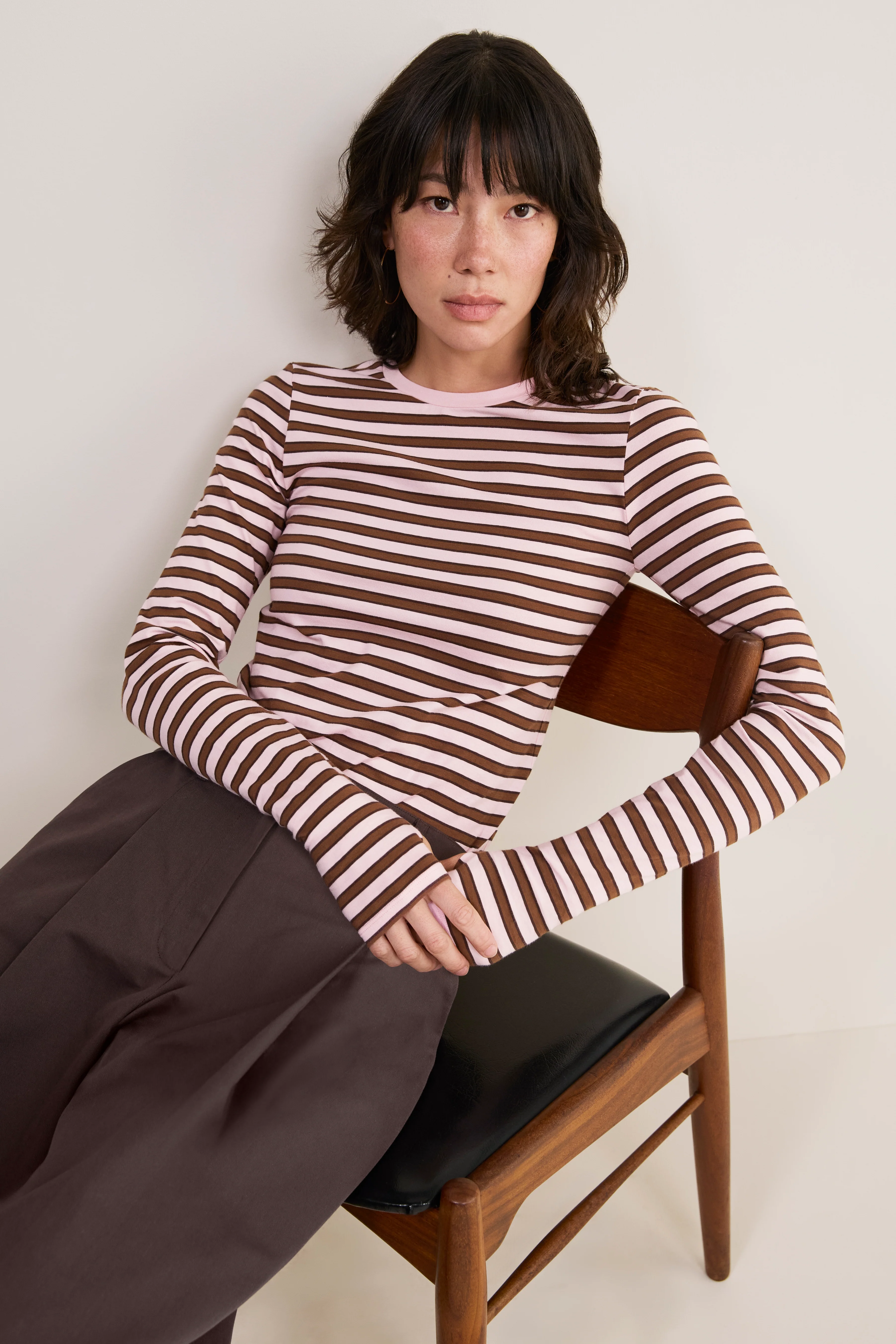 Marnie Long Sleeve Jersey Top - Blush Pink/Toffee Stripe - Image 4
