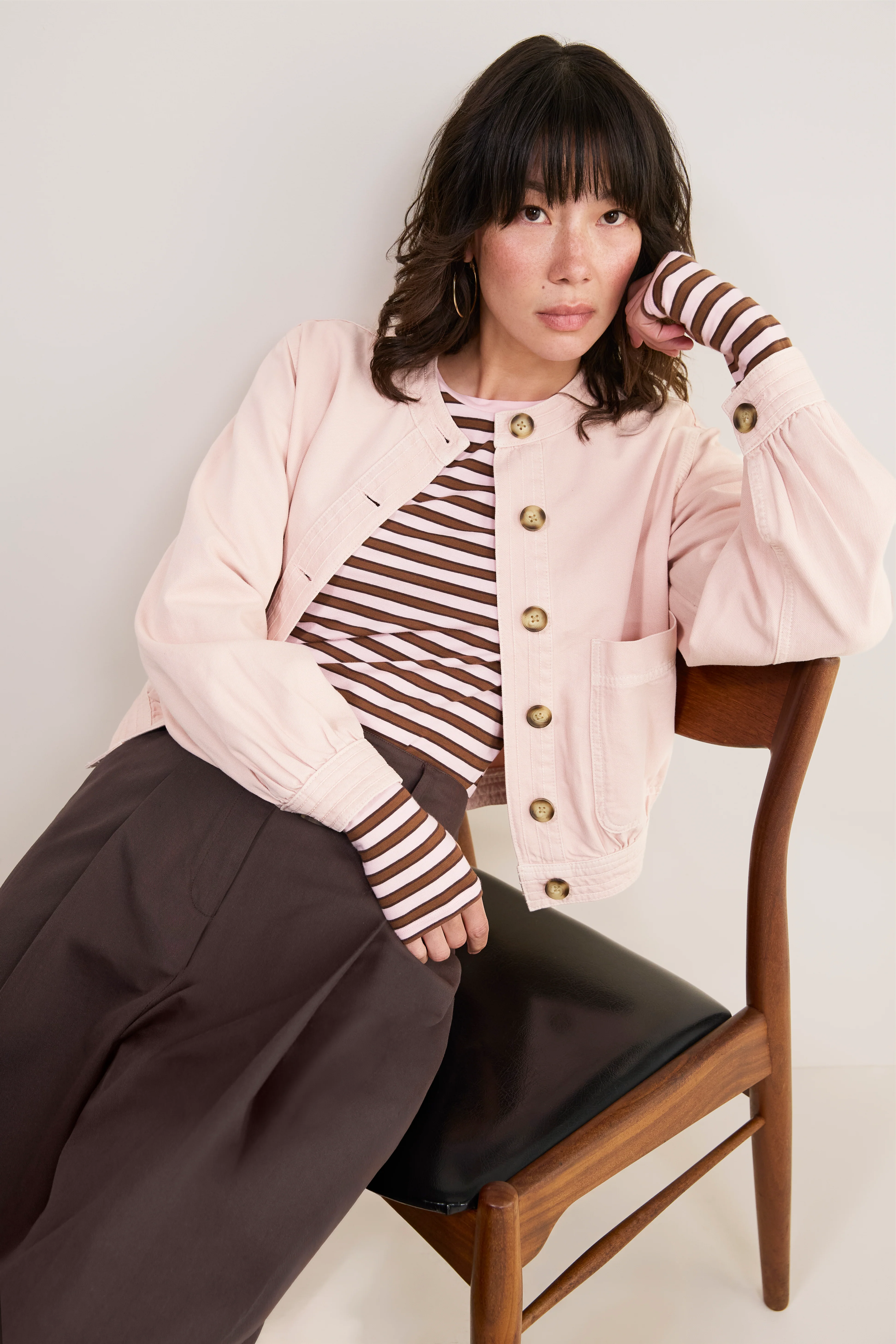 Marnie Long Sleeve Jersey Top - Blush Pink/Toffee Stripe - Image 5