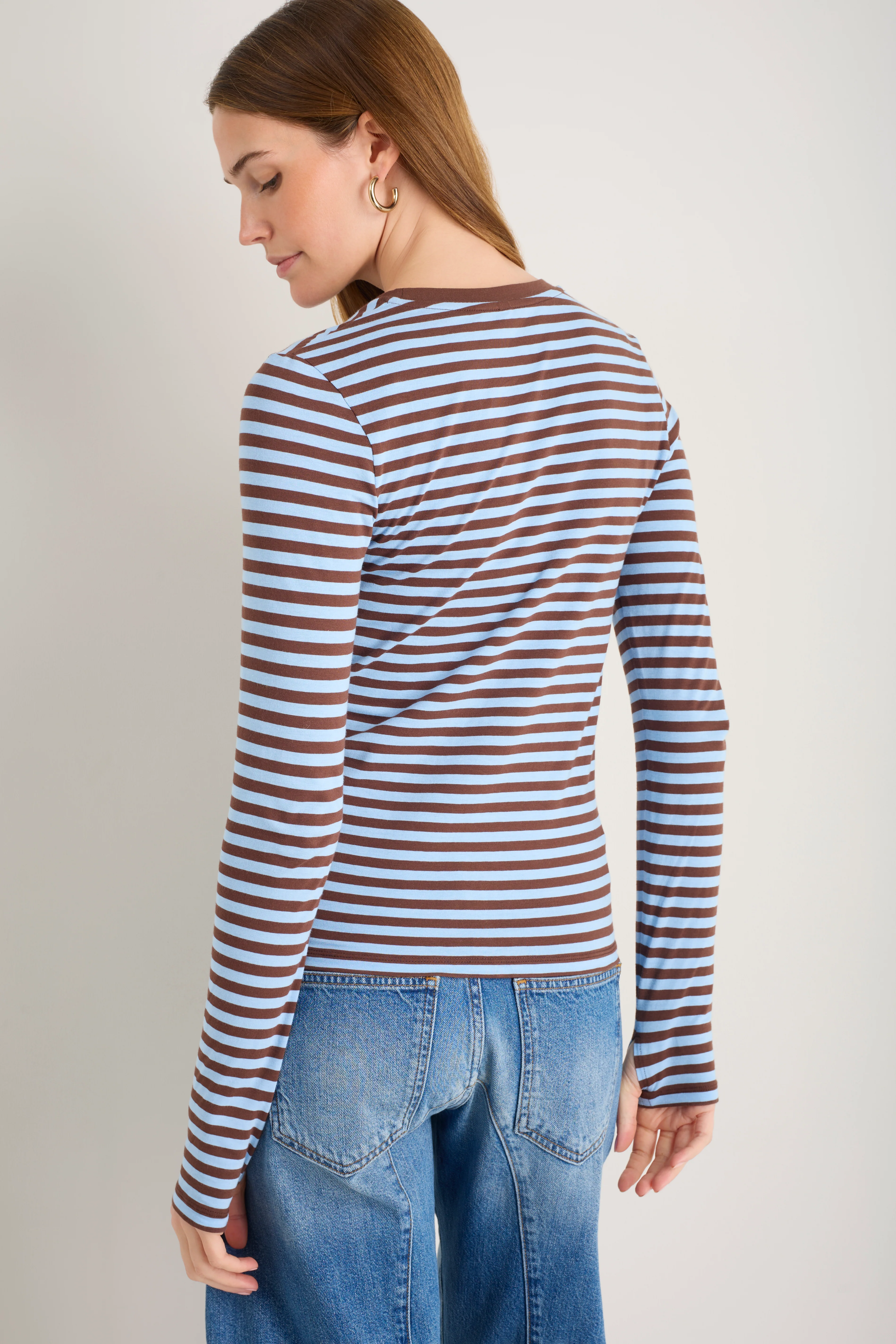 Marnie Long Sleeve Jersey Top - Chocolate/Sky Blue Stripe - Image 3