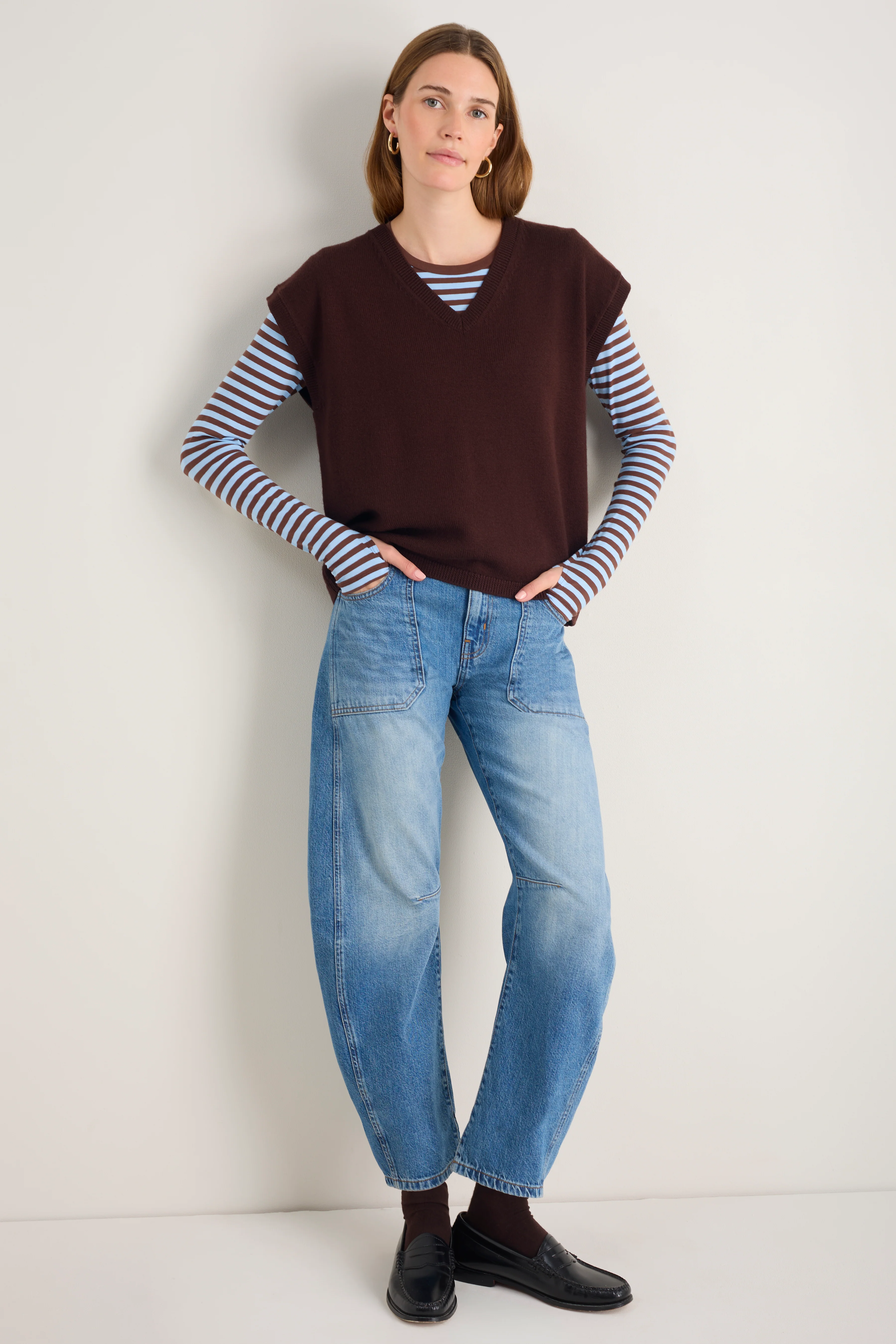 Marnie Long Sleeve Jersey Top - Chocolate/Sky Blue Stripe - Image 5