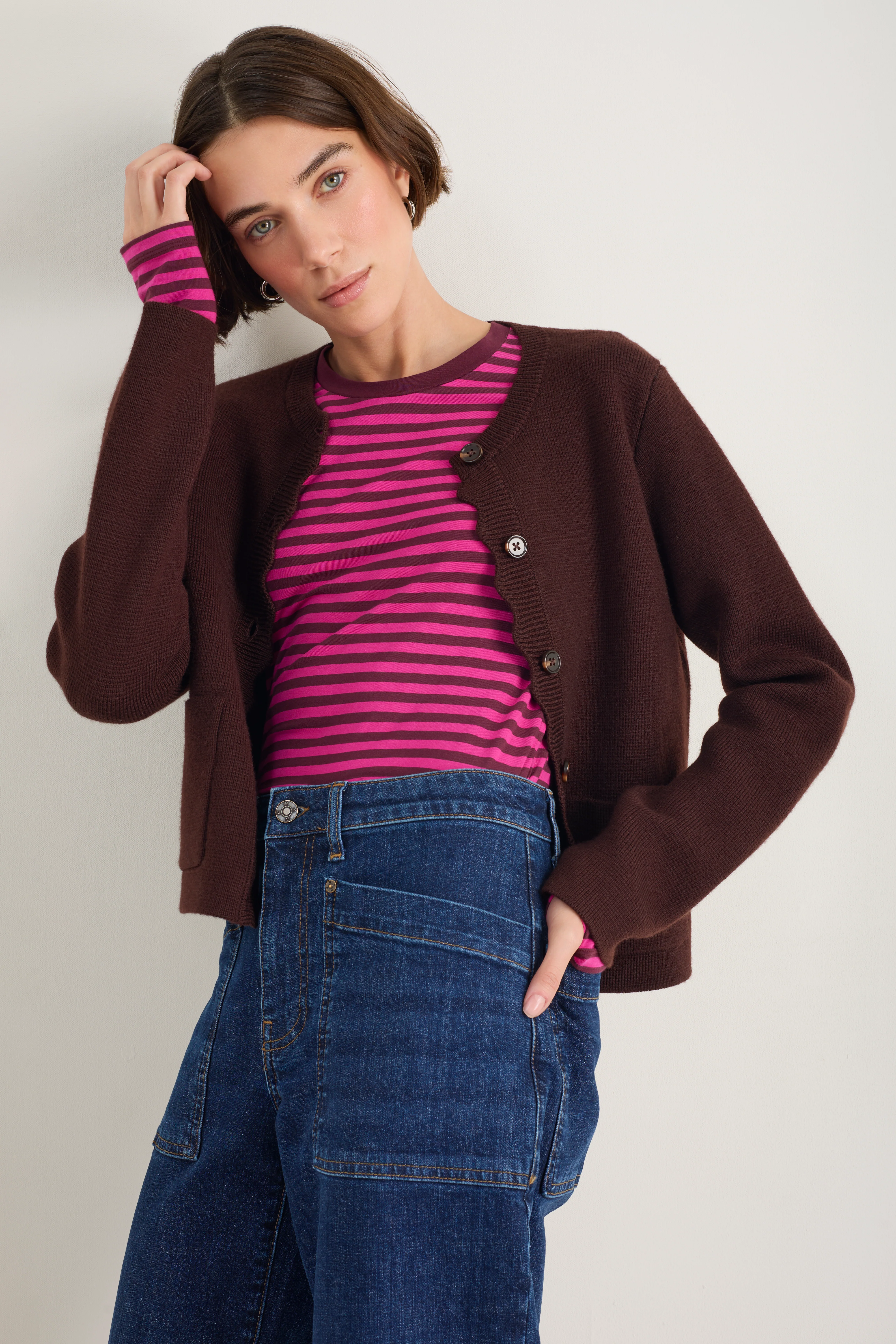 Marnie Long Sleeve Jersey Top - Deep Fig/Pink Stripe - Image 4
