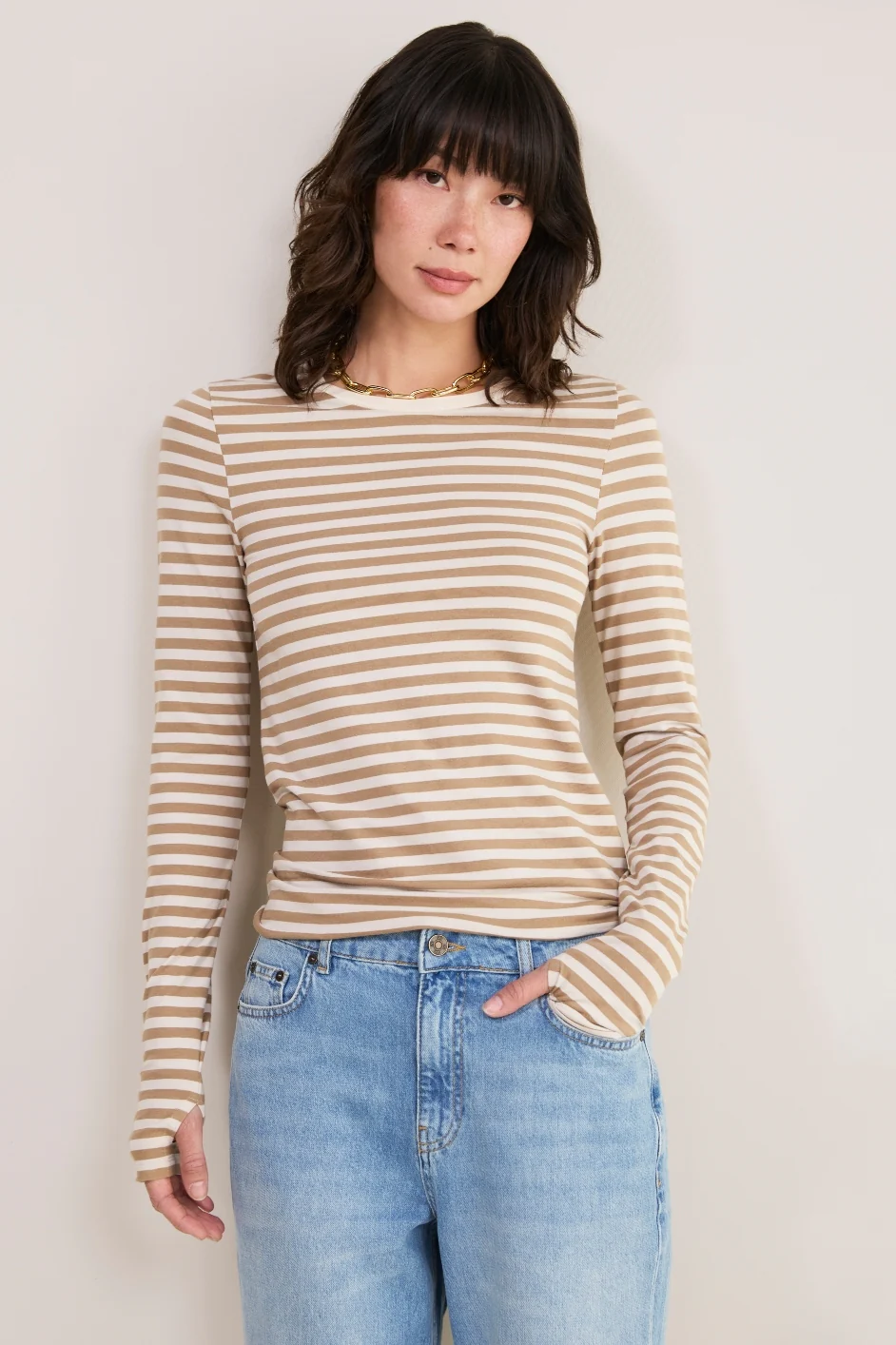 Marnie Long Sleeve Jersey Top - Oat/Ivory Stripe - Image 3