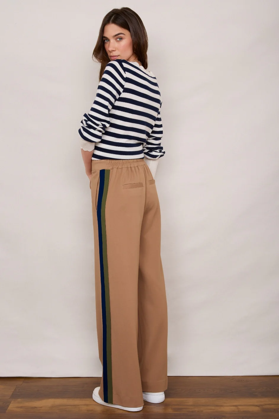Penny Ponte Wide Leg Trouser - Sand/Moss Green Midnight Stripe - Image 2