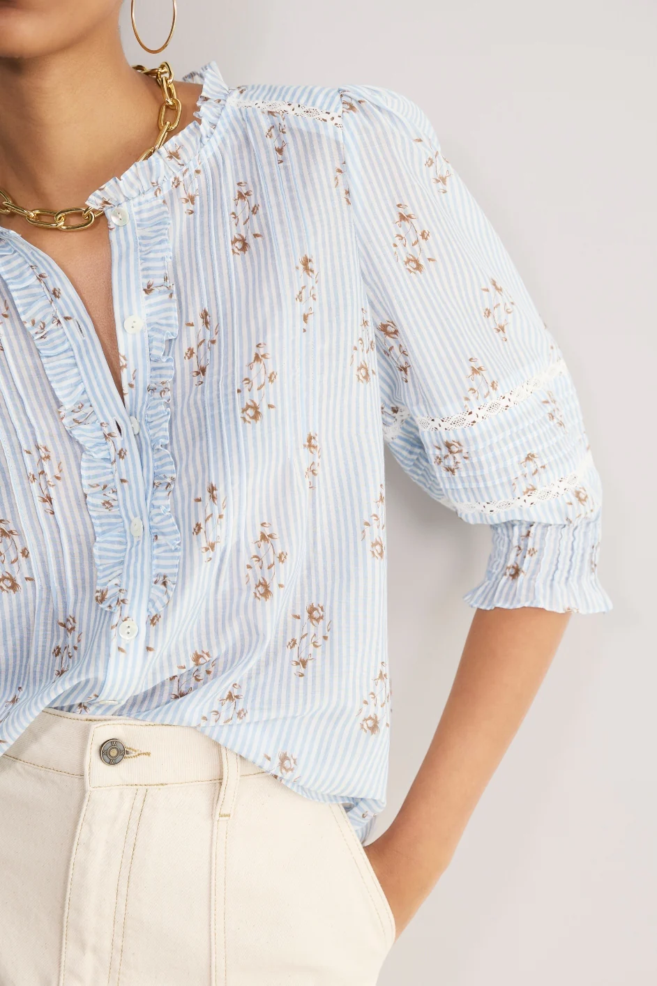 Riley Blouse - Blue/Ivory Stripe Floral - Image 3