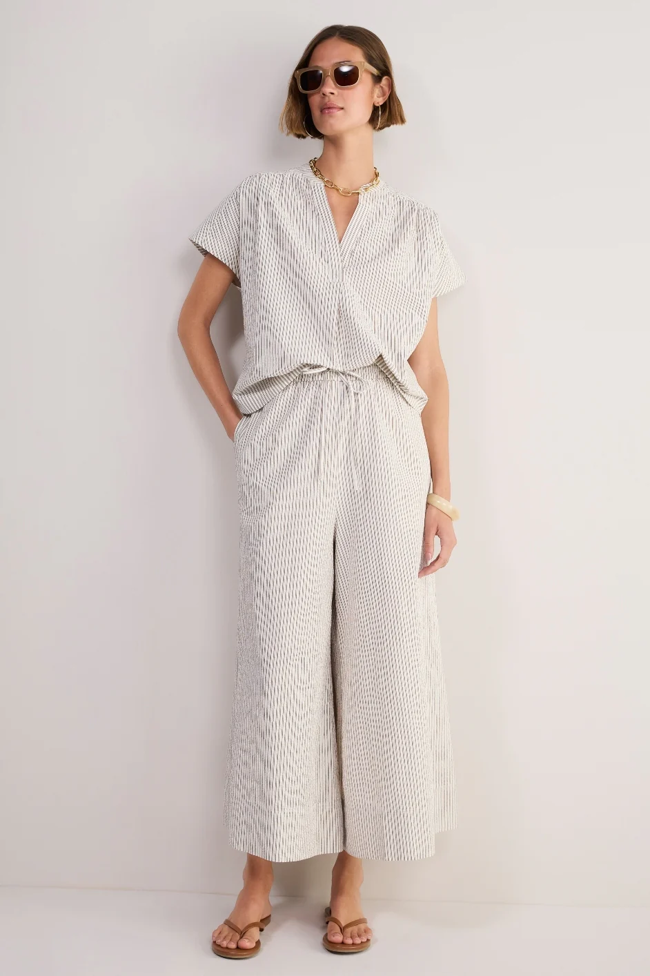 Romy Pull On Seersucker Culotte - Cocoa/Ecru Stripe - Image 5