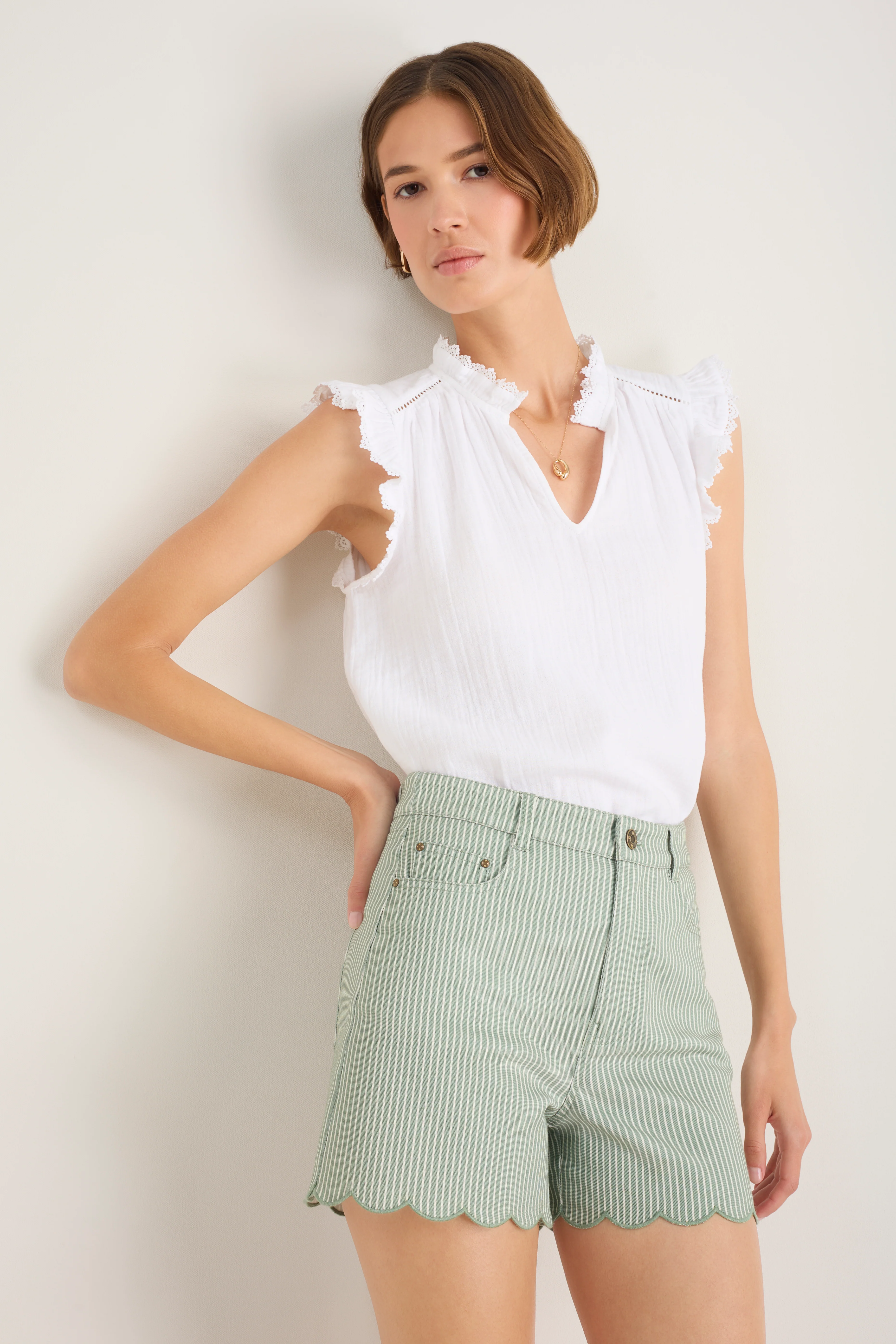 Ruby Scallop Short - Sage Green/Ivory Stripe