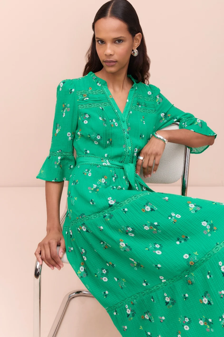 Samara Silk Blend Dress - Jade Green Spaced Floral - Image 2
