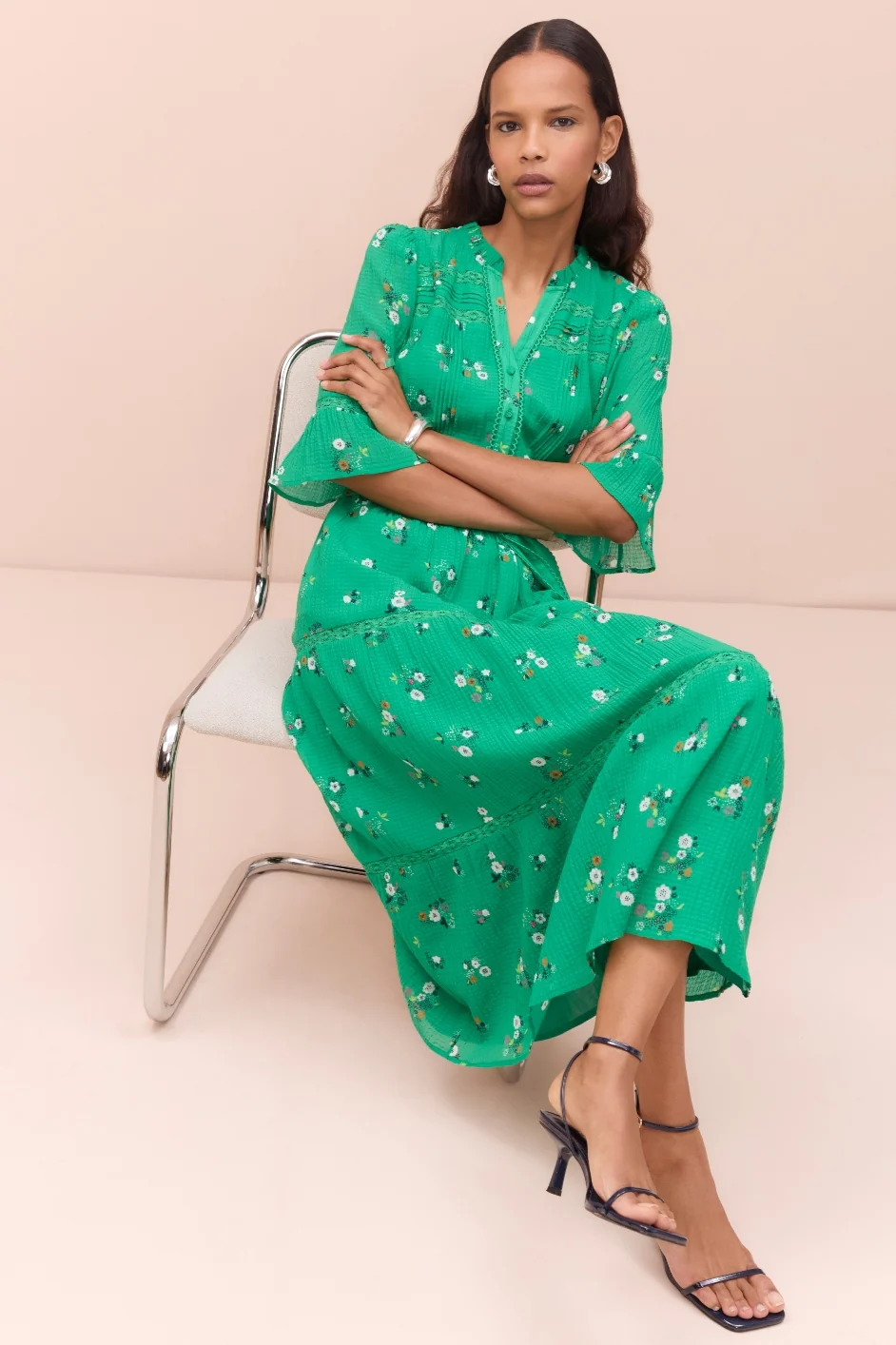 Samara Silk Blend Dress - Jade Green Spaced Floral - Image 3