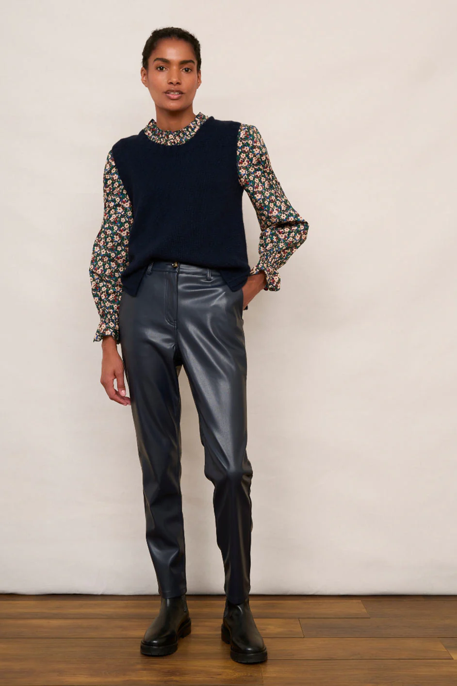 Sandrine Faux Leather Trousers - Blue/Black - Image 5