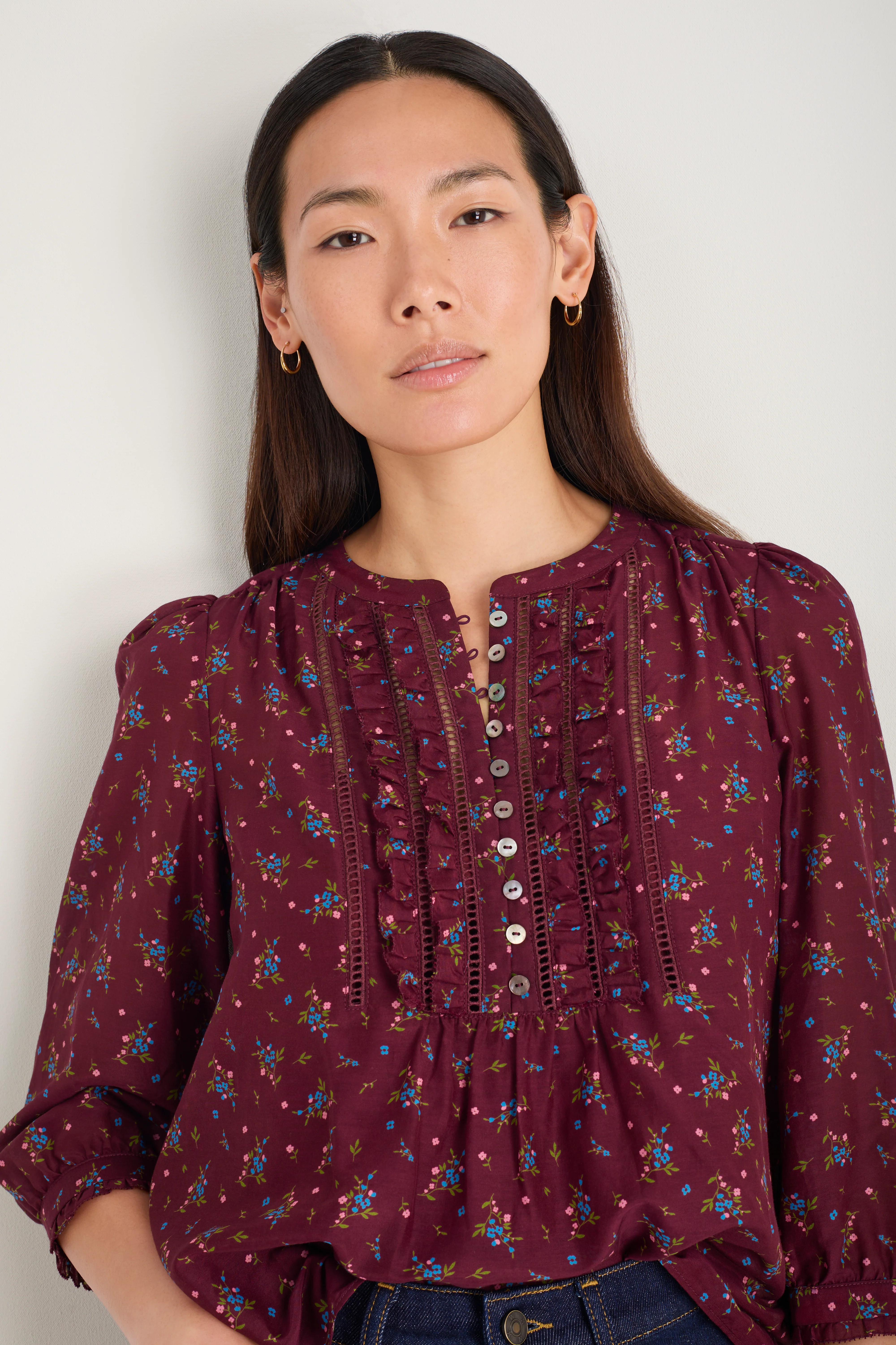 Veda 3/4 Sleeve Top - Deep Fig Sprig Floral - Image 2