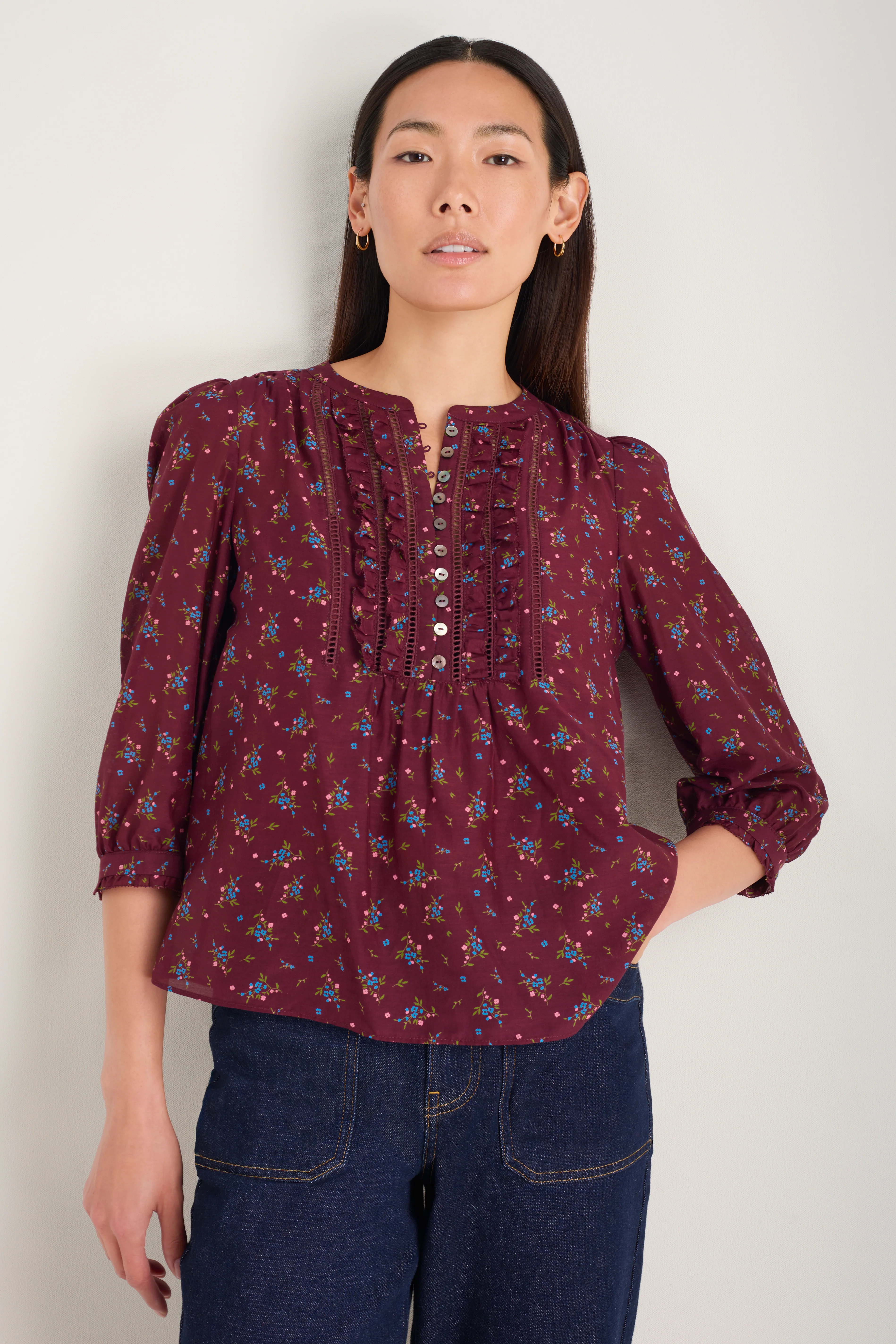 Veda 3/4 Sleeve Top - Deep Fig Sprig Floral - Image 4
